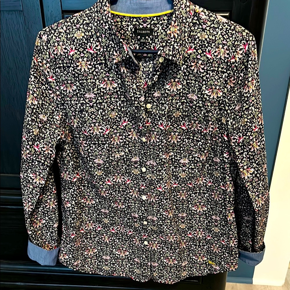 Talbots Floral Button-Up Shirt with birds, size 12